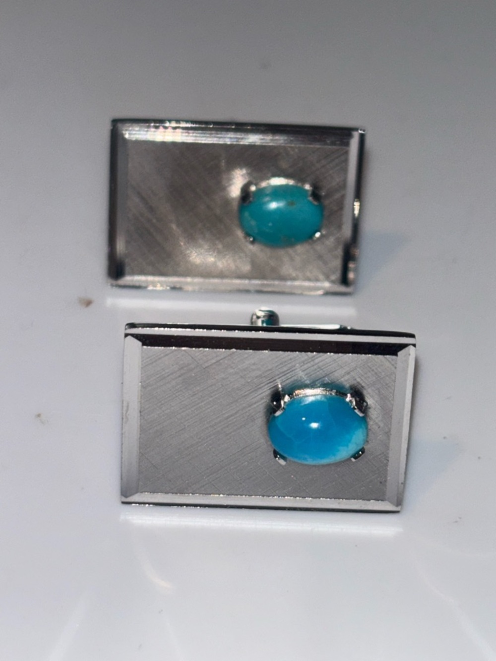 Men's Silver Rectangular Cufflinks with Blue Cabochon